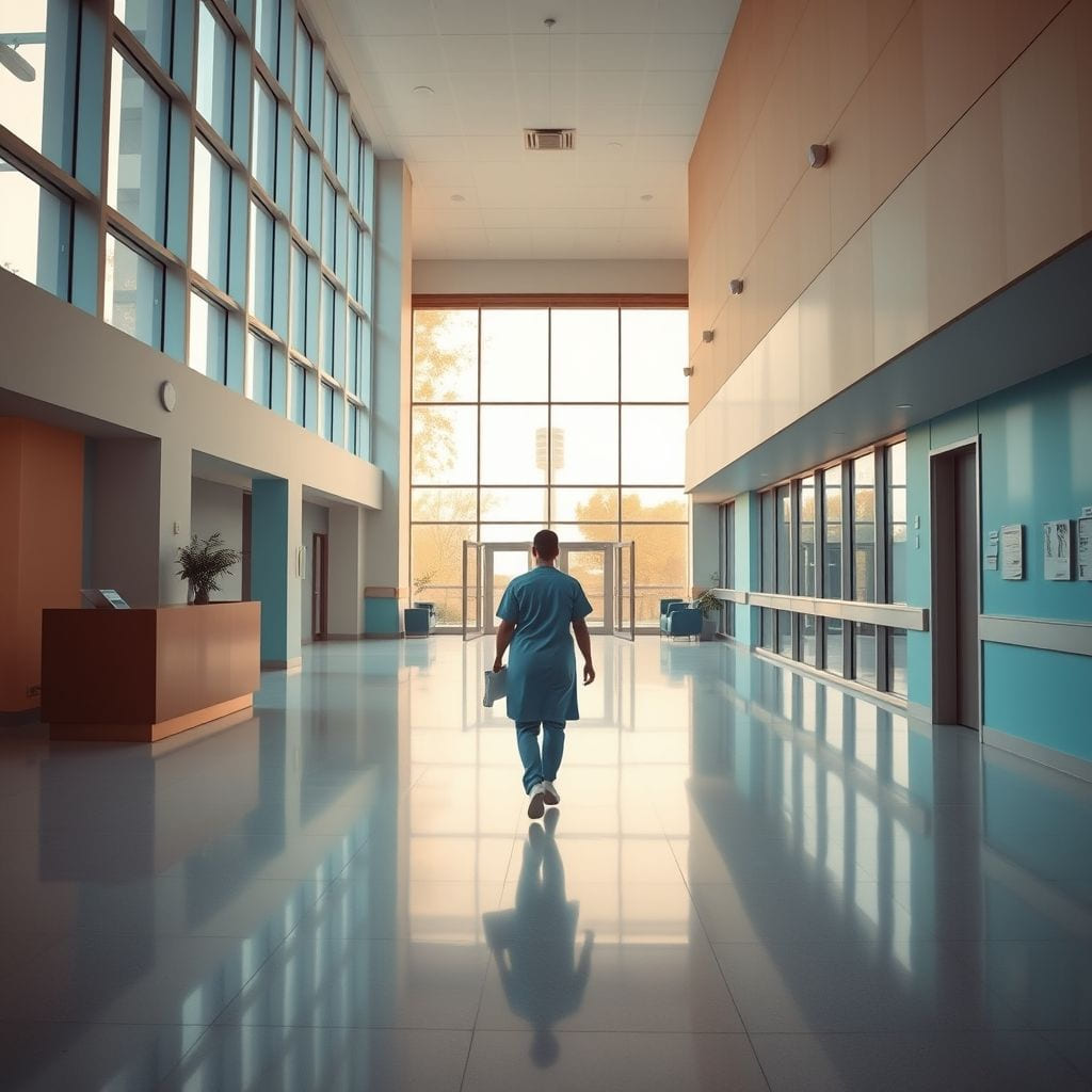 A quiet hospital reception in the morning, with a nurse crossing the floor.