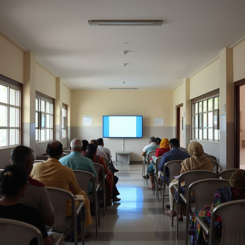 An outpatient waiting area, patients seated calmly in daylight.