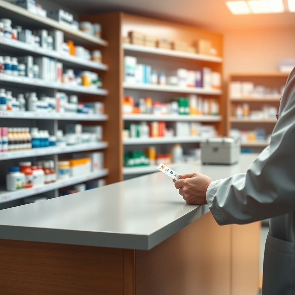 A pharmacy counter with organised shelves behind.