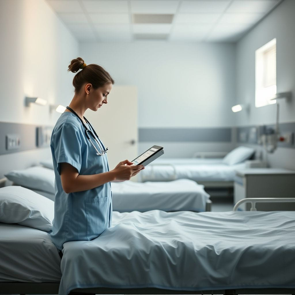 A quiet ward with neatly made beds and a nurse checking a chart.